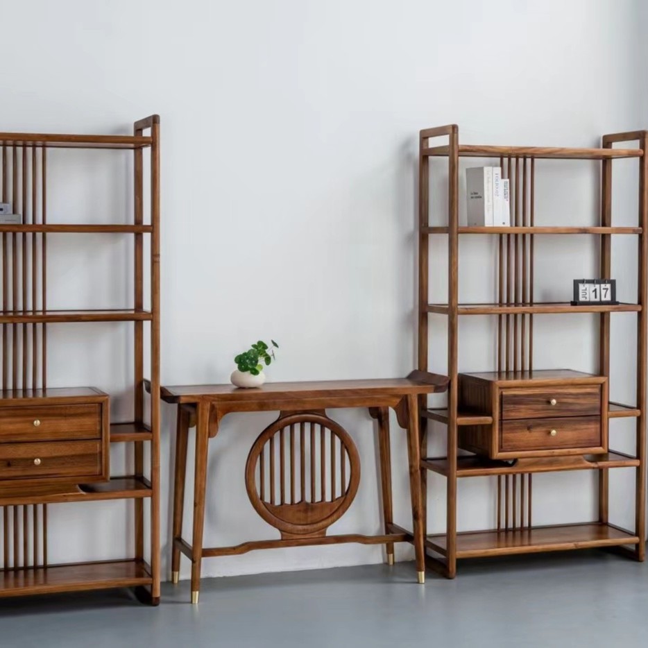 066胡桃木皓影博古架三件套 大板厂满春 纯料三件套98×36×198