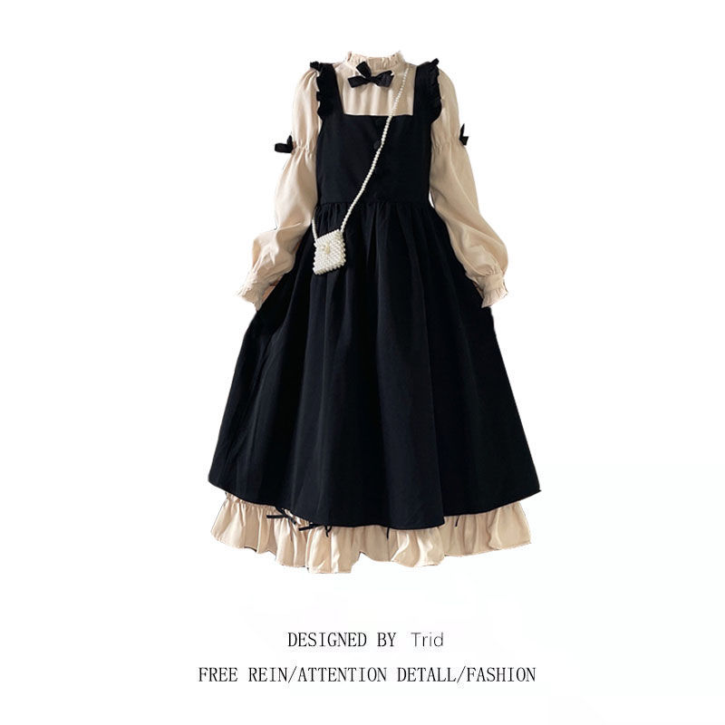 黑色爆款大码胖MM泡泡袖轻洛丽塔背带连衣裙秋冬新款蝴蝶结显瘦款