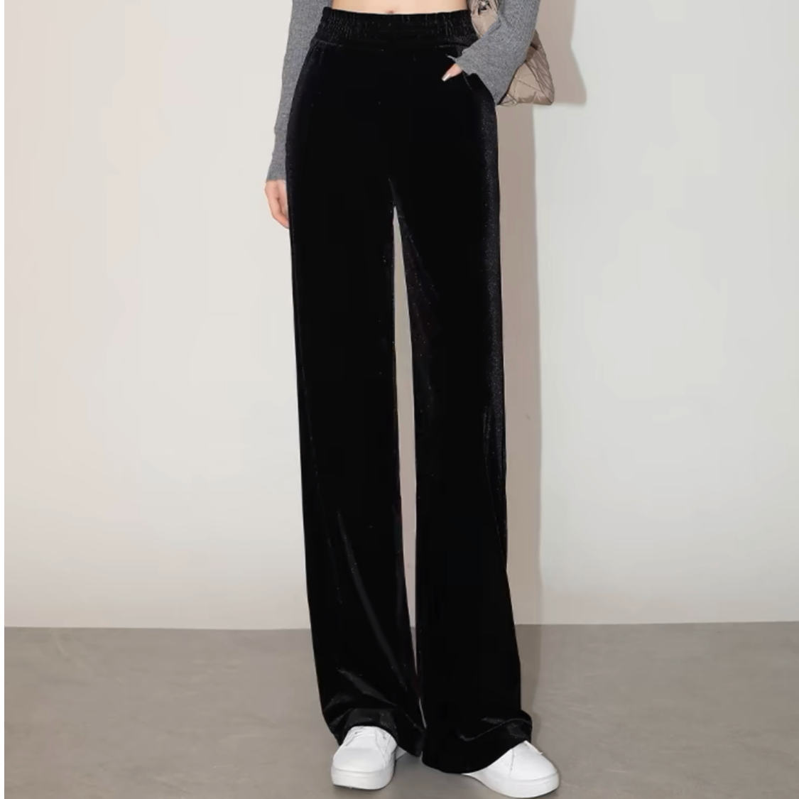 徽韵优品黑色垂感秋冬高克数加厚直筒口袋显高修身质感丝绒长裤