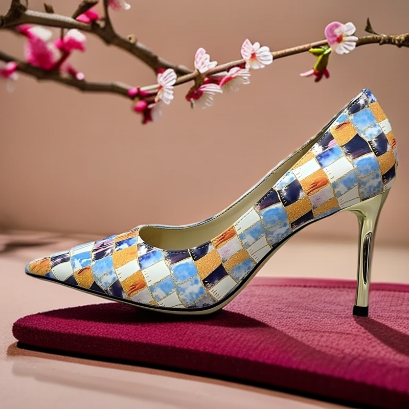 鳄鱼纹花色格子高跟鞋女尖头细跟浅口单鞋气质名媛