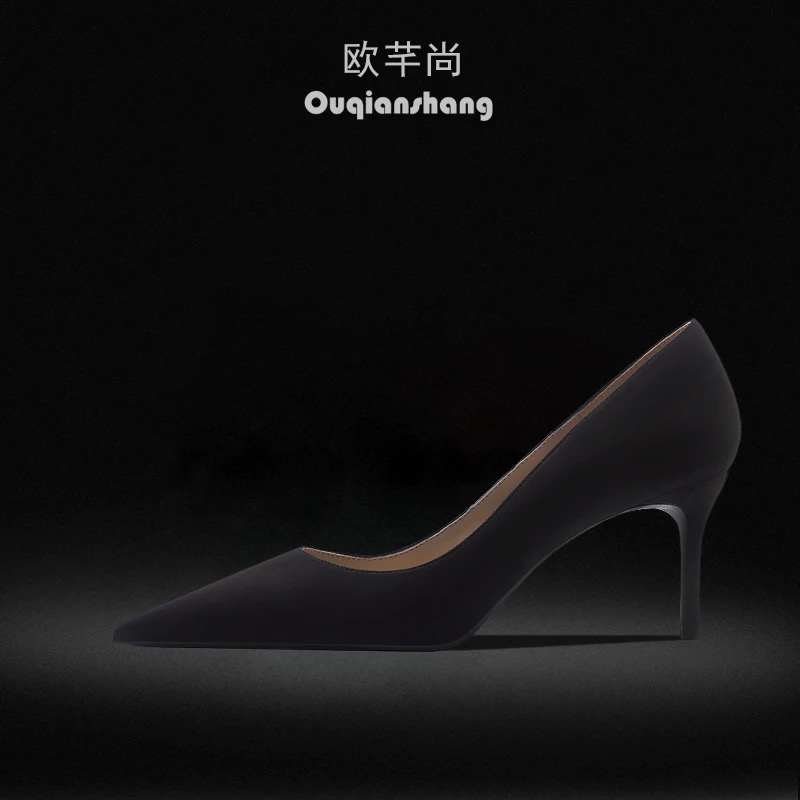 黑色尖头细跟高跟鞋气质不累脚绒面单鞋职业百搭