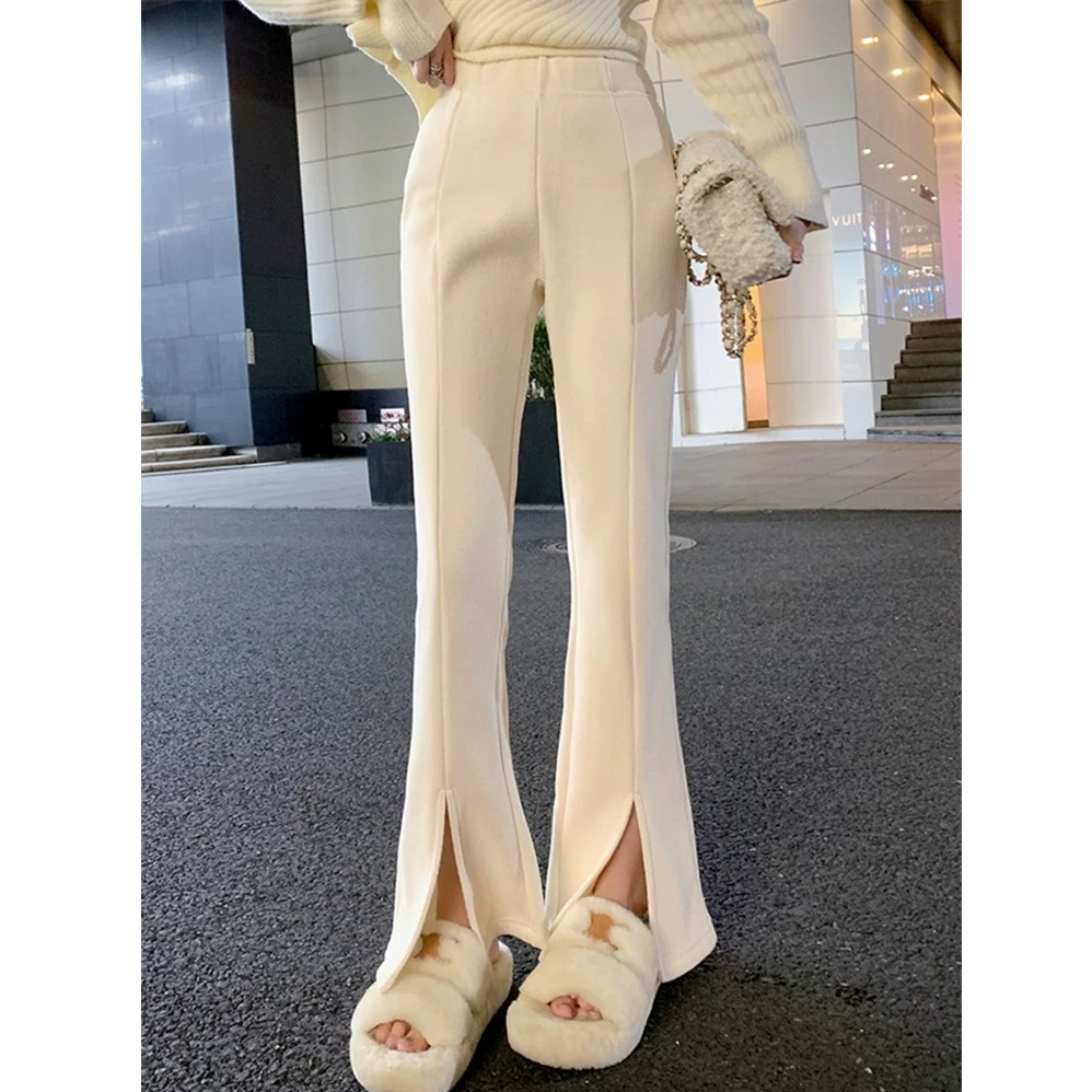 甜茶冬款气质加绒高腰显瘦开叉喇叭神裤