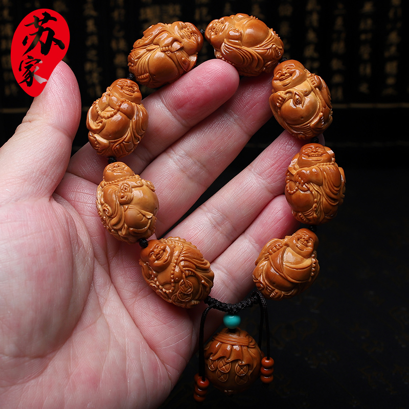 橄榄核手串吉祥瑞兽弥勒大籽核雕文玩把件手工雕刻手链男女