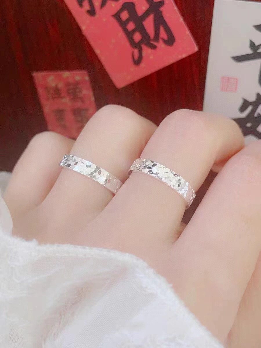 足银戒指 纯银9999碎碎冰戒指活动指环可调节时尚爆闪银戒可刻字