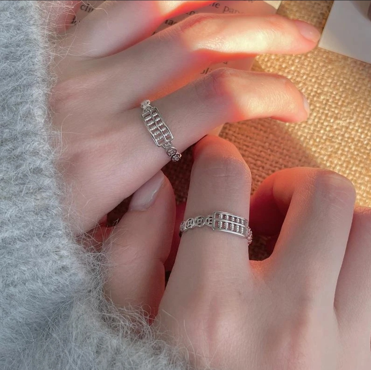 足银戒指 足银990如意算盘戒指女钱币铜钱转运指环招财中国风食指