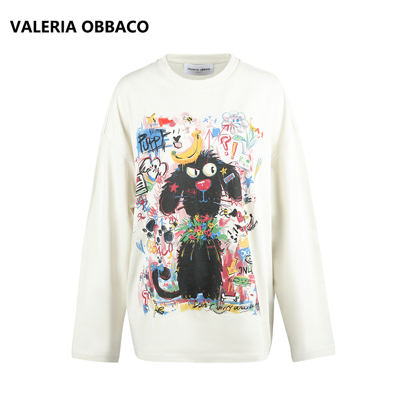 VALERIAOBBACO/瓦莱丽娅 奥贝科白色红色涂鸦小狗长袖T恤