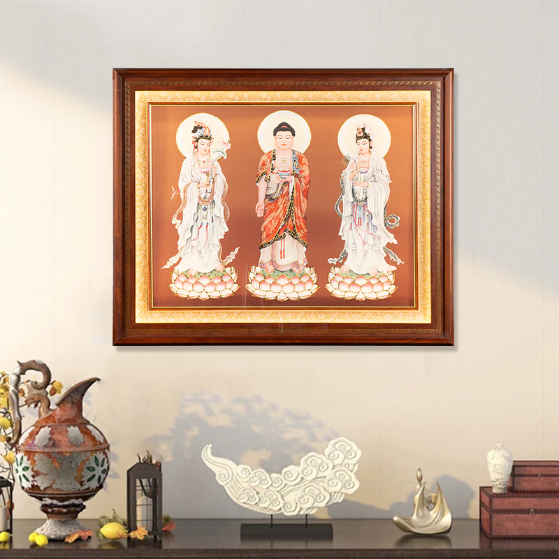 信义达西方三圣重彩描金中式实木挂画配灯带悬挂家用装饰画客厅