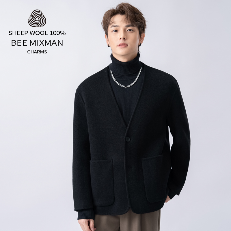 无领双面呢大衣男短款2023秋冬季新款休闲羊毛呢西服男士男大衣