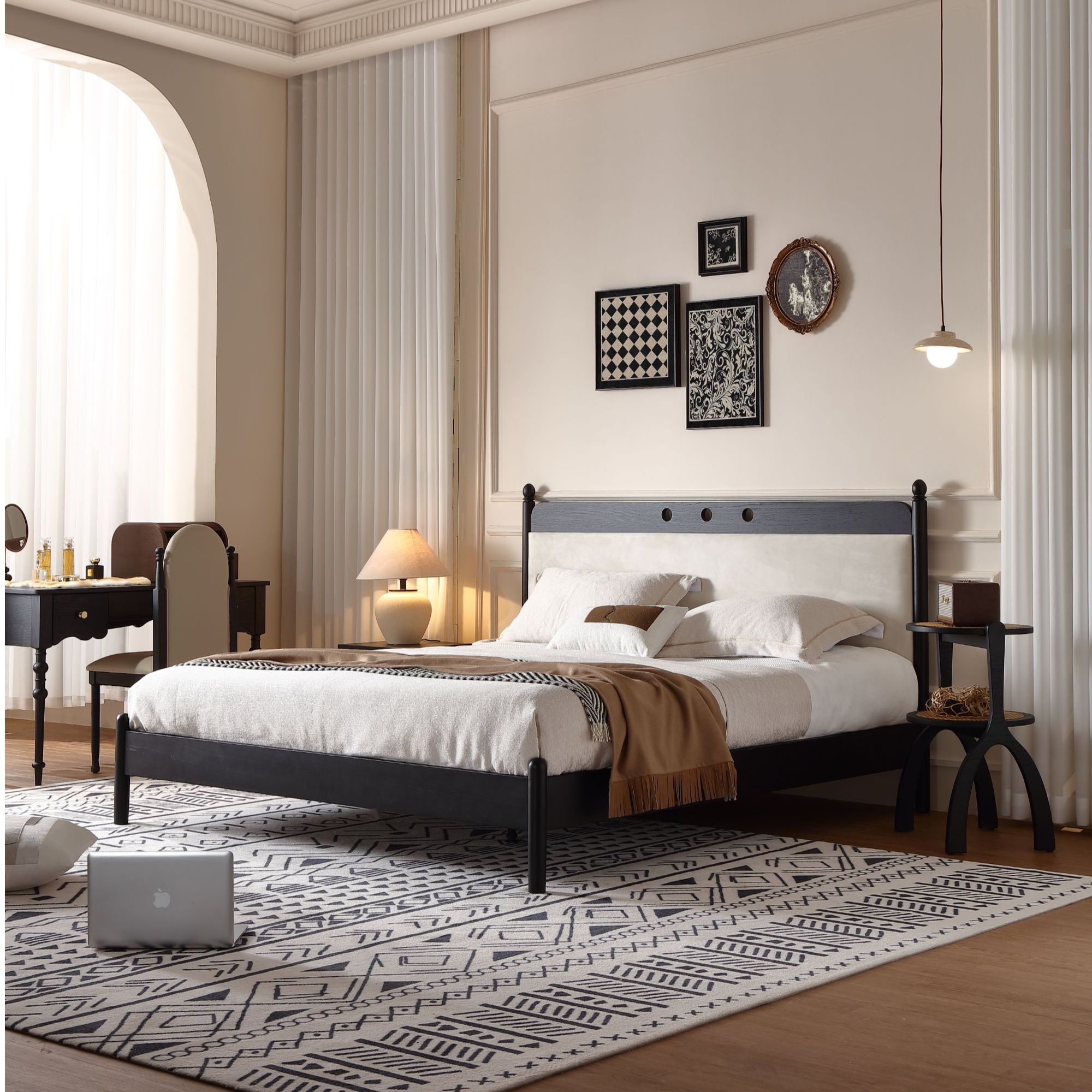 顾家家居中古风北美白蜡木全实木床主卧床猫抓布 PT8100B（床架）