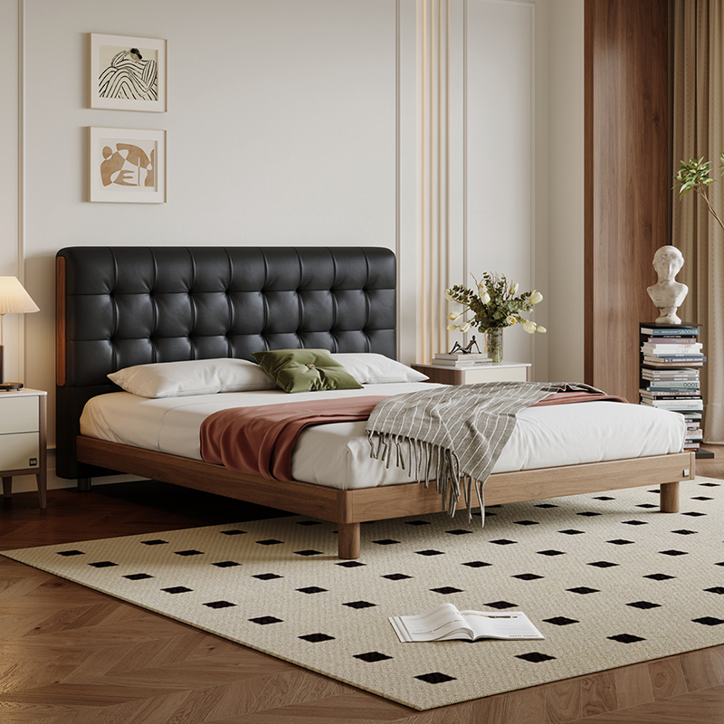 顾家家居木艺黑色华夫格真皮全实木床婚房主卧大床PT8105B（床架）