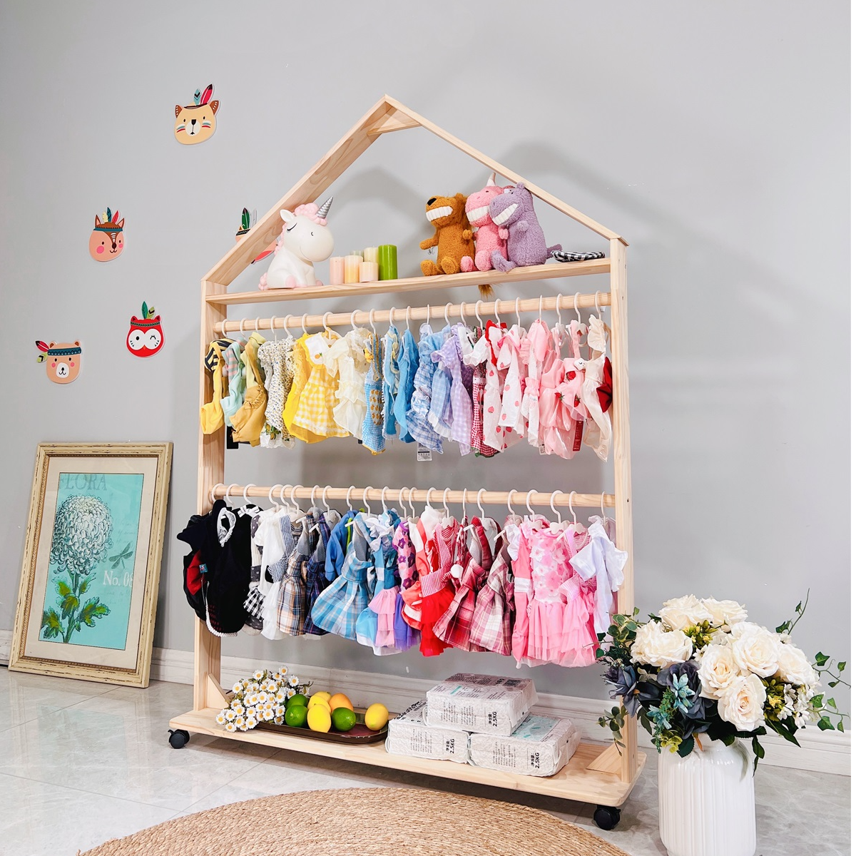 一芯有宠®实木宠物房子猫挂衣架狗衣服展示架收纳架可移动衣帽架