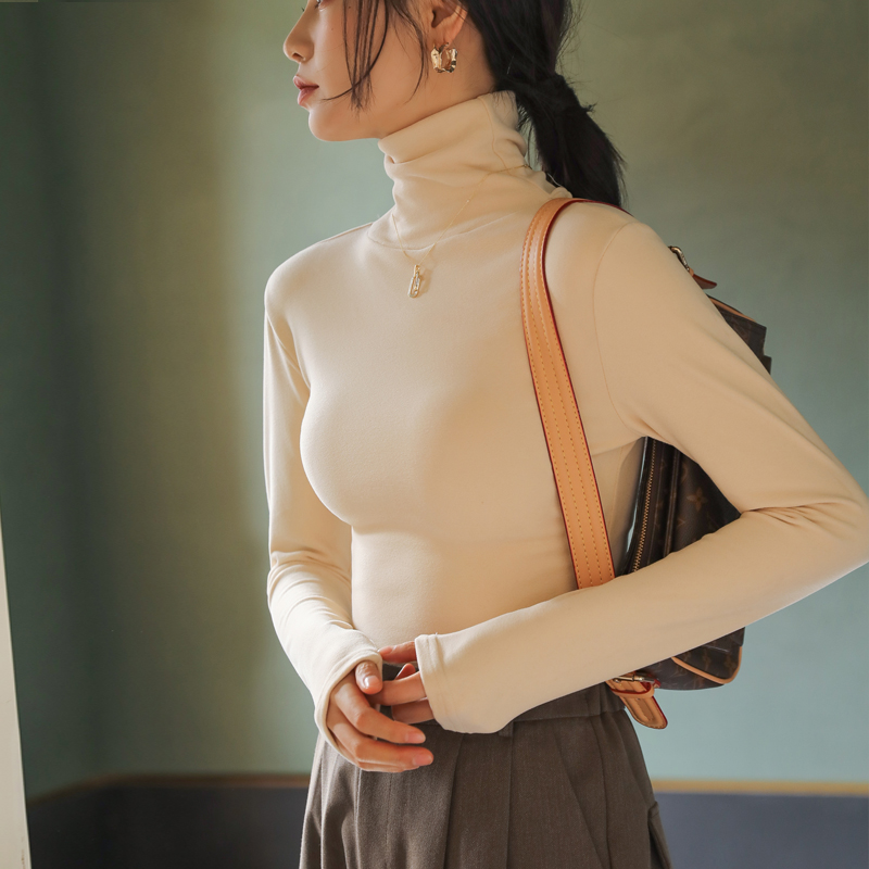 高领双面德绒打底衫女外穿加绒加厚冬季新款百搭堆堆领内搭保暖