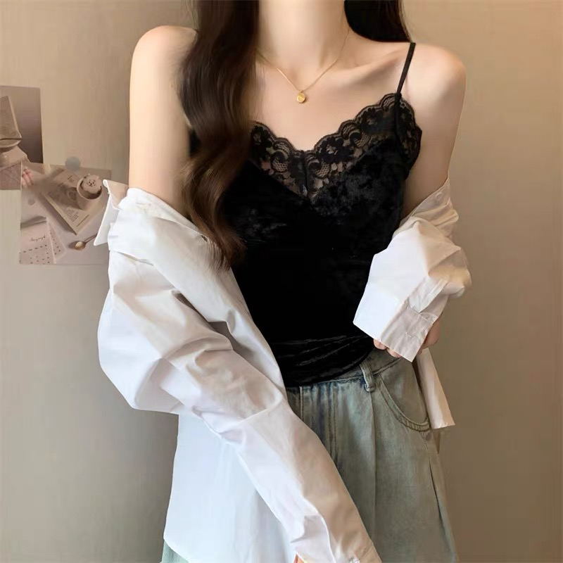 【秋冬新款】性感蕾丝拼接吊带背心女金丝绒美背短款修身内搭198