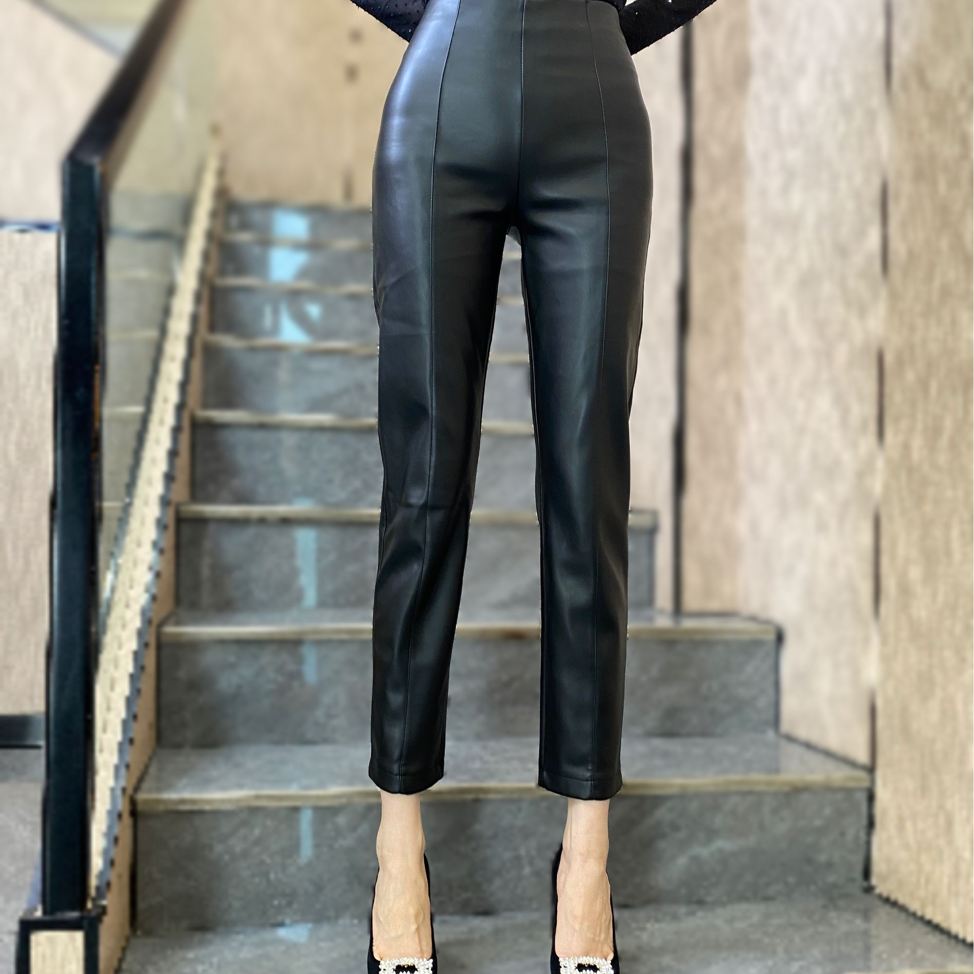 【俊英】皮裤上新时尚百搭中腰修身显瘦烟管裤小个子直筒九分裤