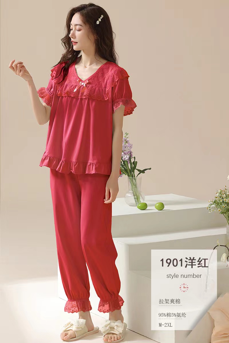 T01女款短袖宫廷风公主风蕾丝睡衣家居服宽松套装纯色舒适四季款