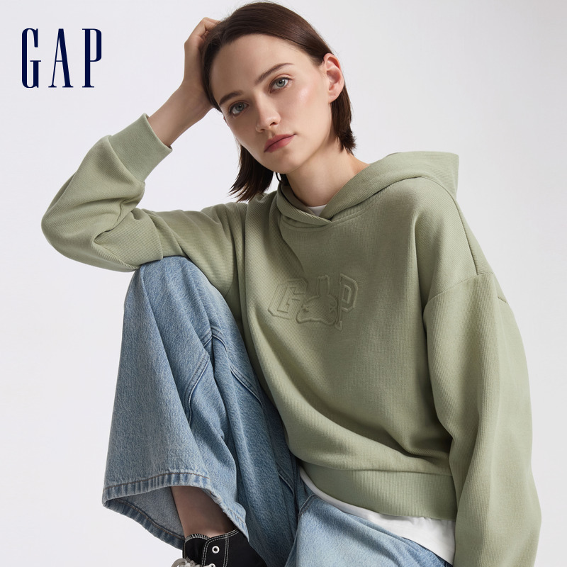 女装2024秋冬季新款小熊logo纯色连帽衫简约百搭宽松卫衣新640312