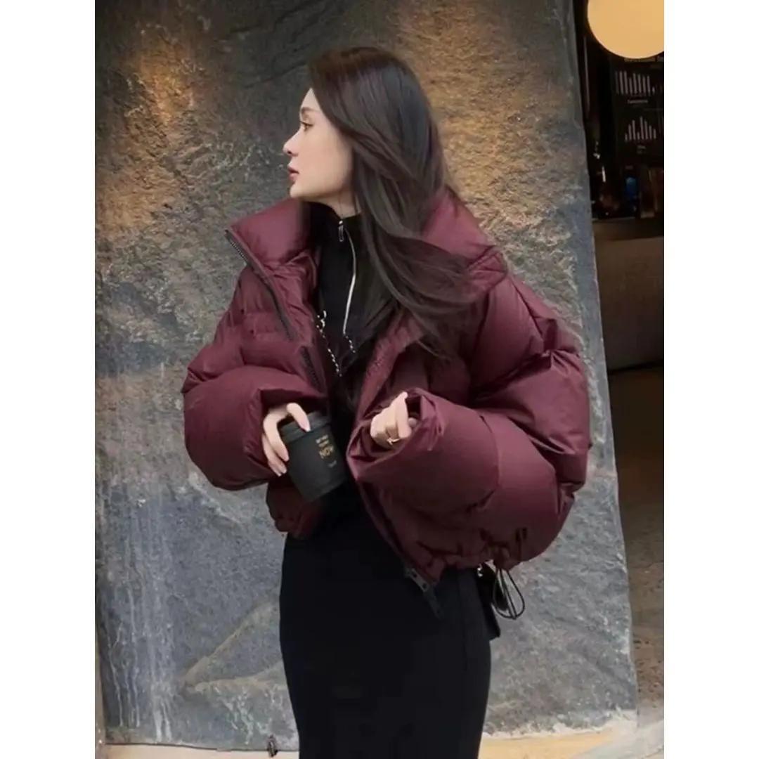 反季咖色立领羽绒服女短款小个子2023年冬季加厚高腰肯豆风羽绒衣