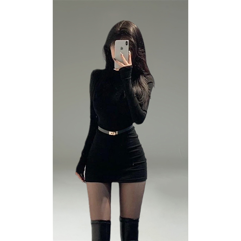 pinkmoon||半高领针织包臀连衣裙秋女辣妹修身纯欲紧身裙子配腰带