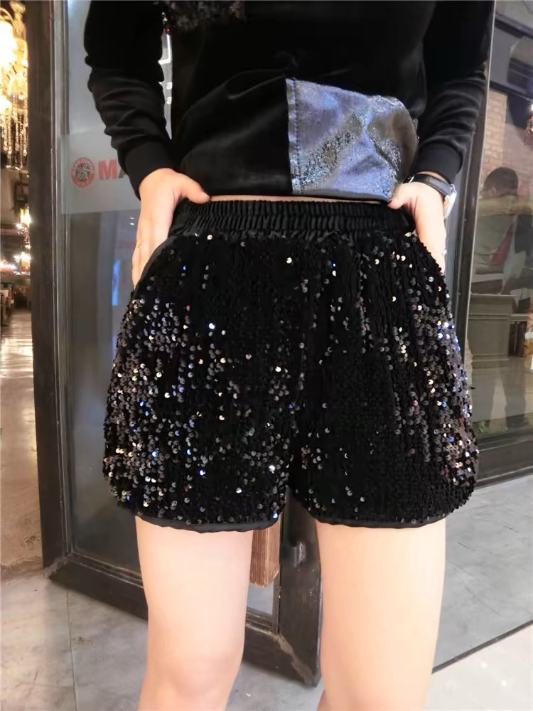 【美钰】网红同款全码亮片闪亮重工松紧高腰韩版亮片黑色短裤热裤潮