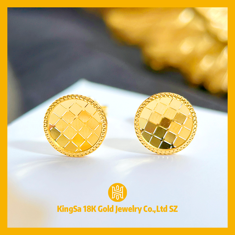 18K金网格圆形耳钉9873气质轻奢时尚百搭复古法镭射1.2-1.4克