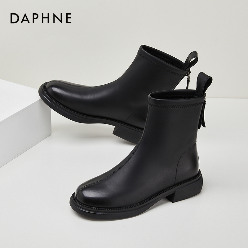 达芙妮女鞋2025秋冬短靴高级感炸街黑色小皮靴百搭小个子粗跟女靴商品图