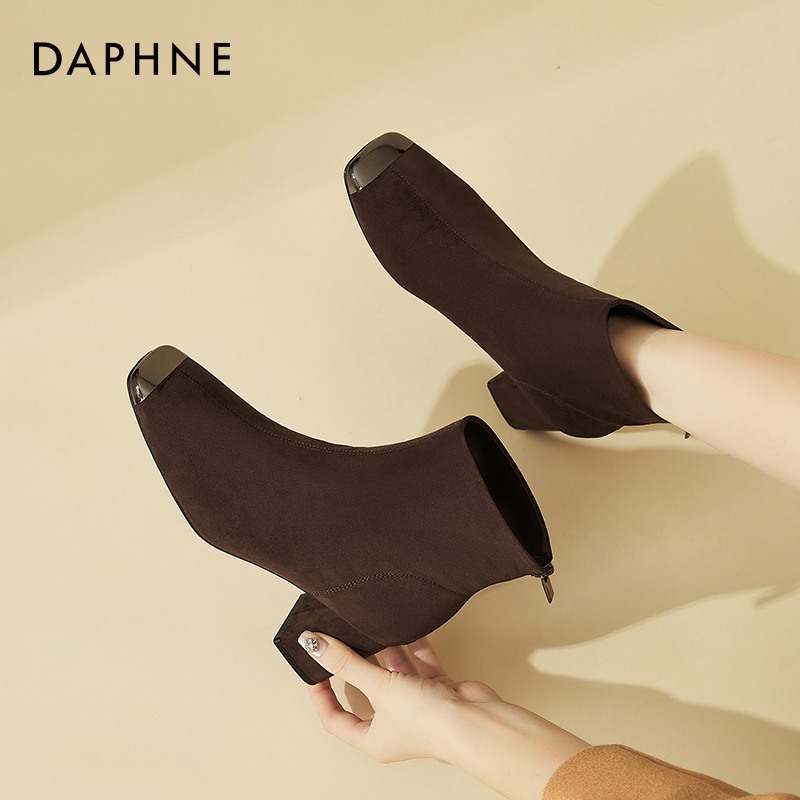 达芙妮女鞋秋冬加绒短靴棉鞋瘦瘦靴女2025新款百搭磨砂皮鞋马丁靴商品图