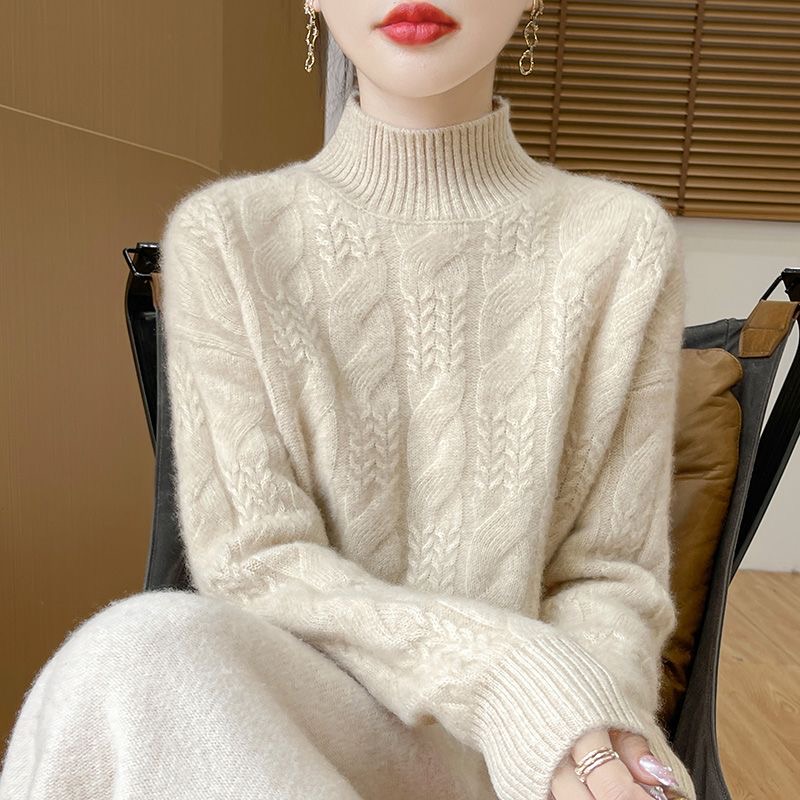 鄂尔多市产纯羊绒衫女秋冬精美高档气质宽松重工麻花针织厚款毛衣