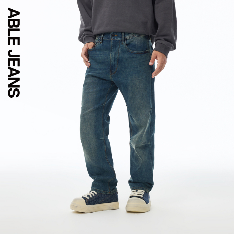 ABLEJEANS【直筒滑板裤】秋季黄蓝色宽松直筒牛仔裤男款男士801552