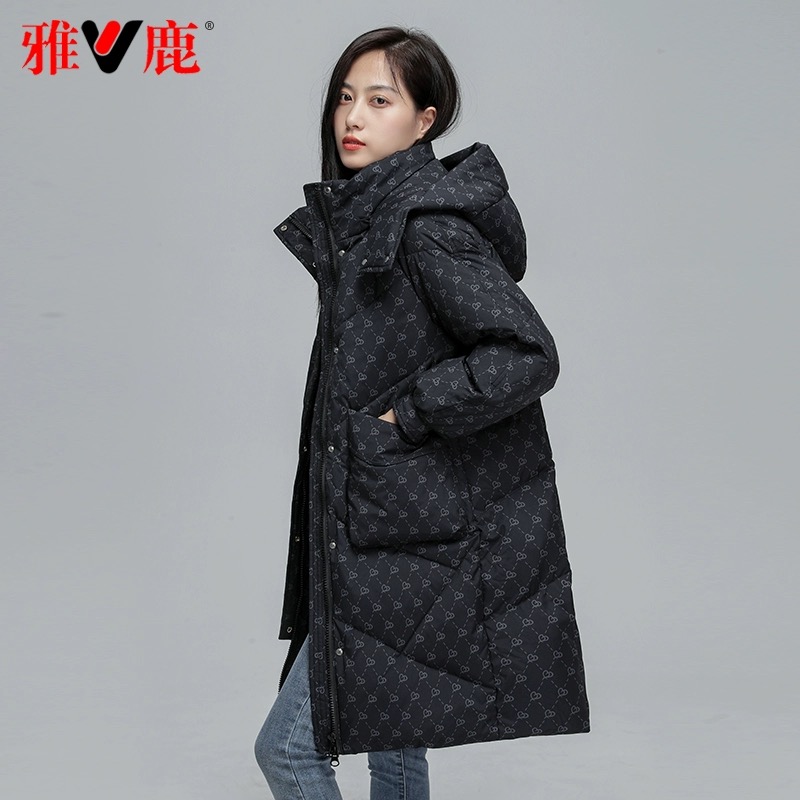 V/雅鹿【清仓90白鸭绒】中长款帽子可拆90%白鸭绒羽绒服宽松外女