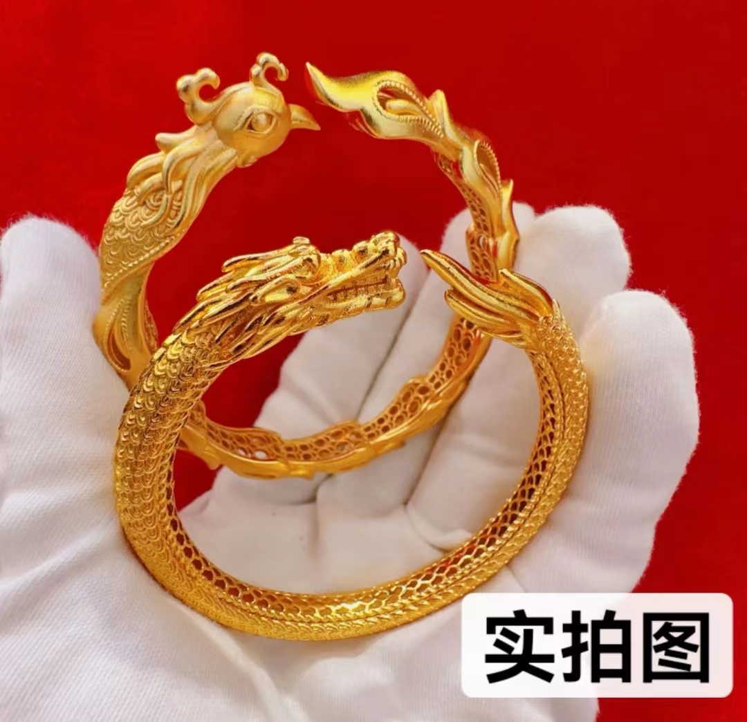 合金手镯 龙凤手镯一对时尚气质复古金色古法盘龙可调节镯子中古