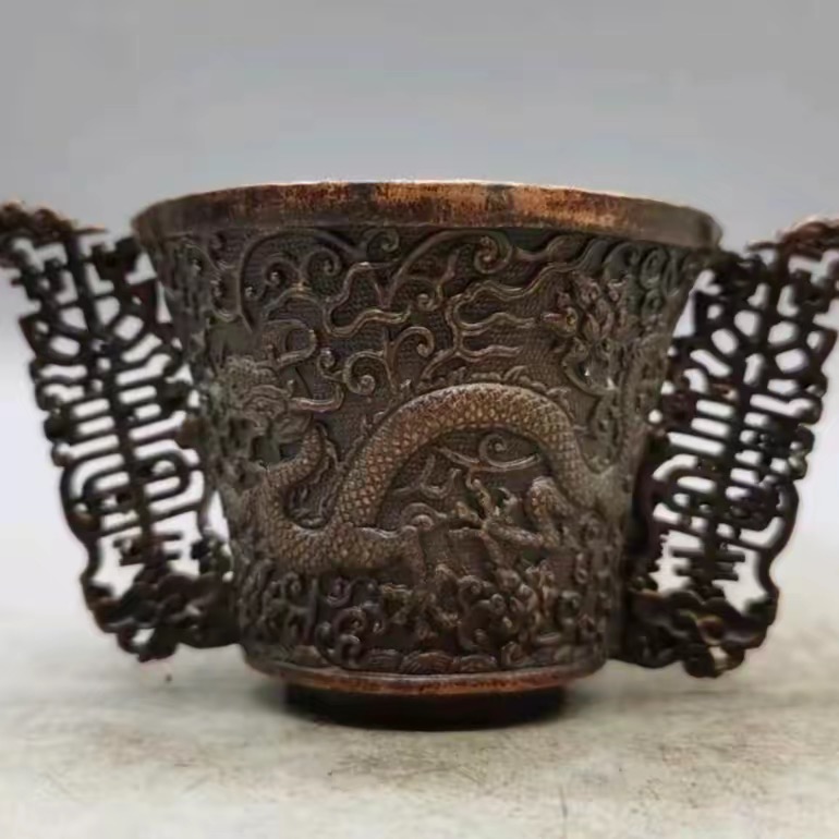 紫铜双龙酒杯复古雕刻家居装饰品茶杯