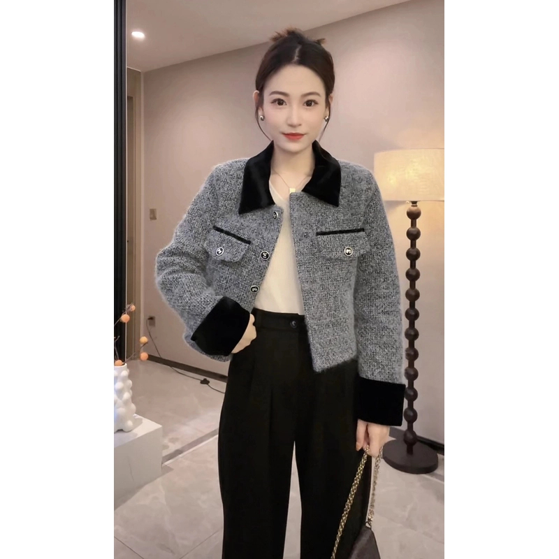 【现货+运费险】小香风小女秋冬新款洋气短款显瘦气质百搭拼接上衣