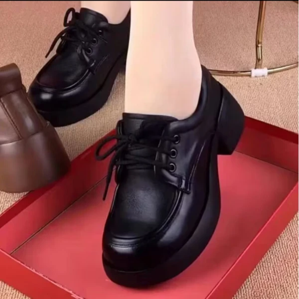 真软皮单鞋女2025秋冬新款时尚百搭系带圆头英伦风防滑乐福鞋