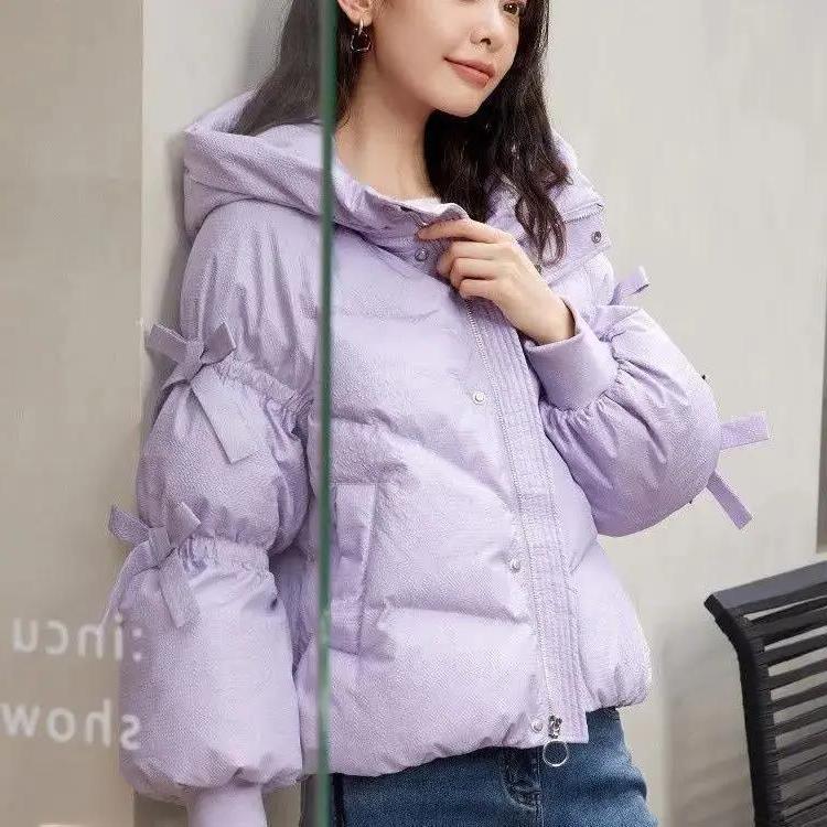 时尚小个子短款羽绒服女冬2023日系甜美宽松灯笼袖连帽秋冬外套潮