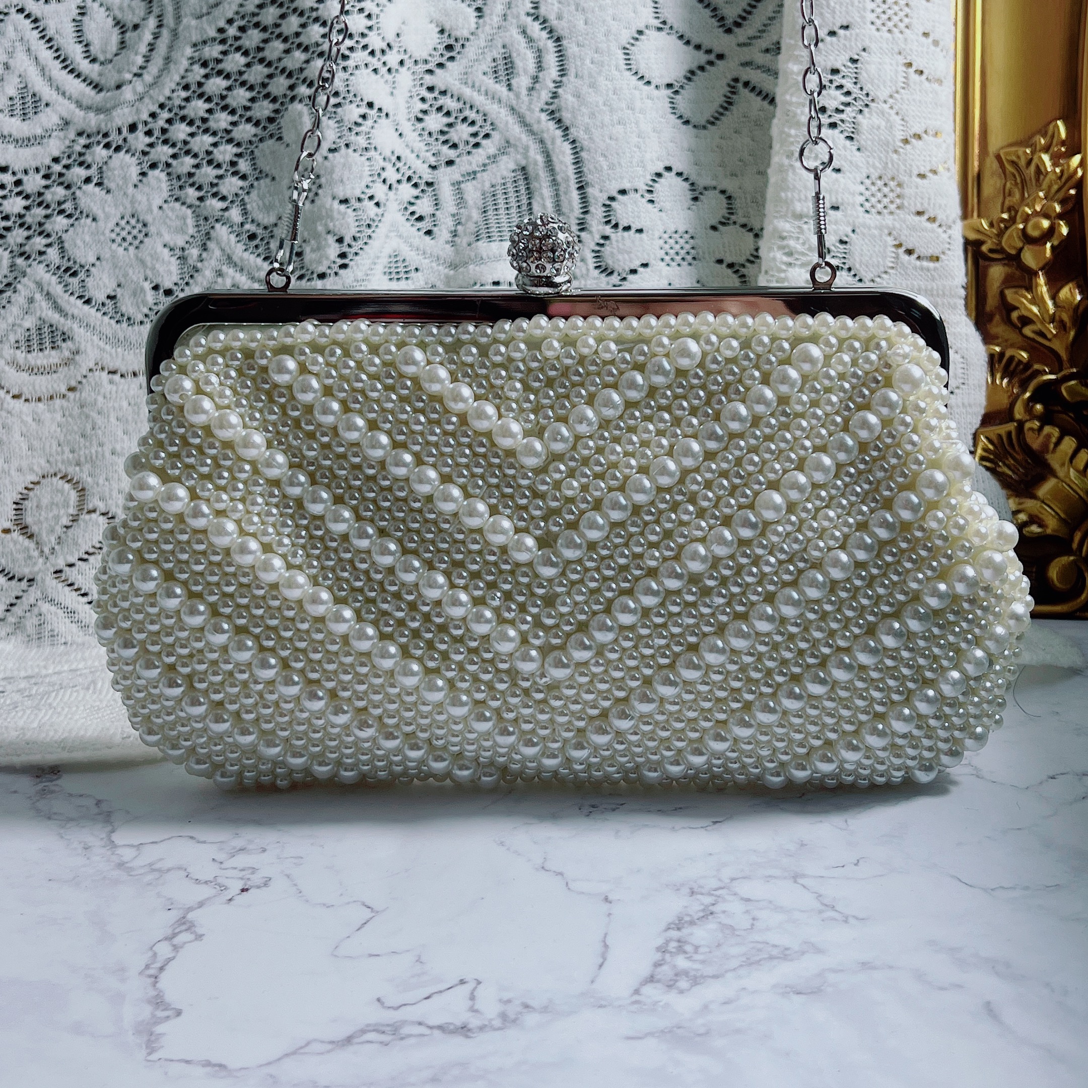 编码1108纯手工百搭经典珍珠钉珠晚宴包重工白色链条手提包包斜挎
