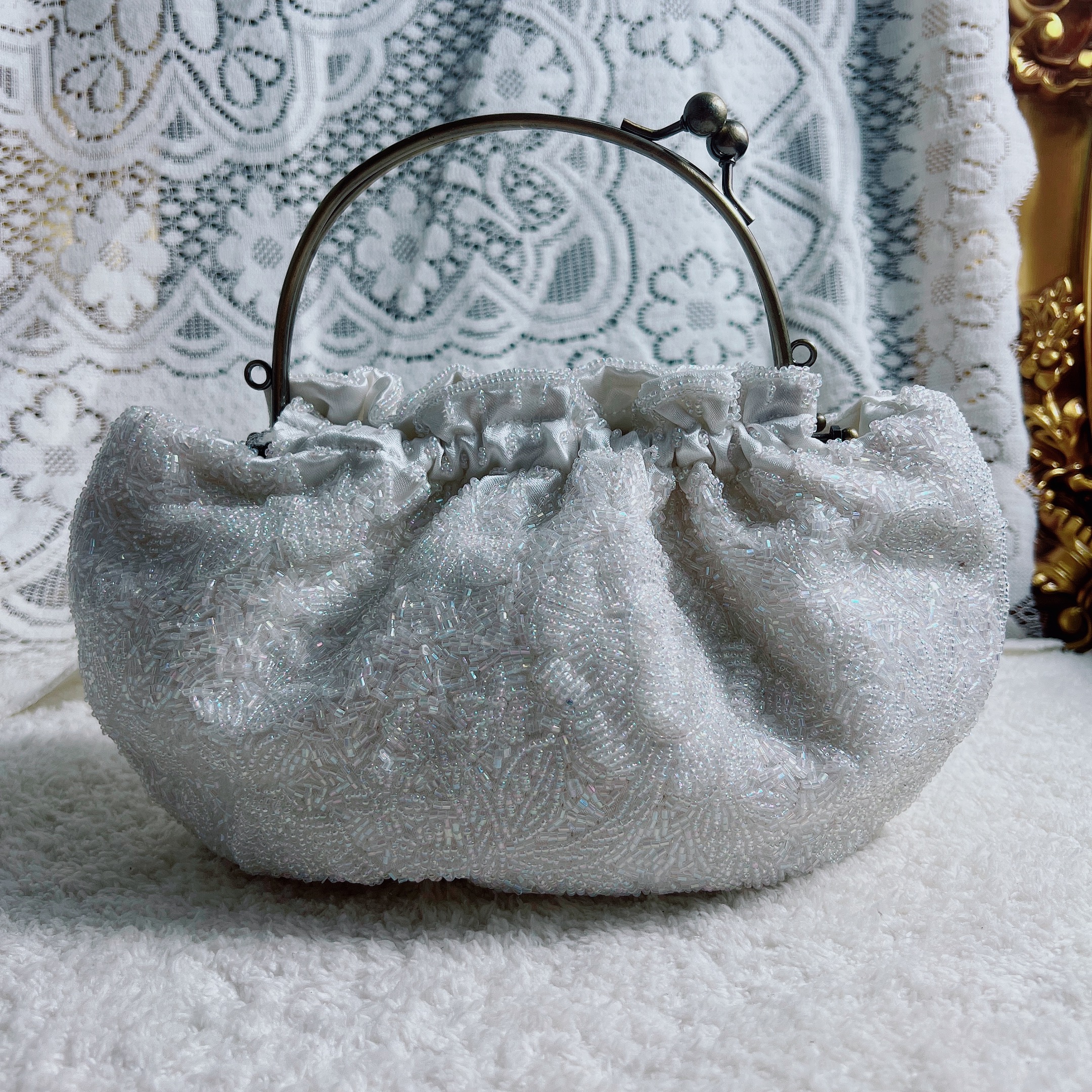 编码1056纯手工经典复古钉珠晚宴包高货重工白色珠绣包手提包包