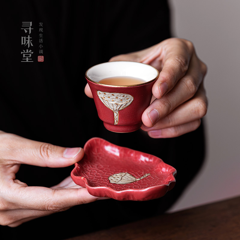 宫墙红莲生吉祥品茗杯杯垫｜复古描金莲蓬粗陶小茶杯功夫茶具杯托