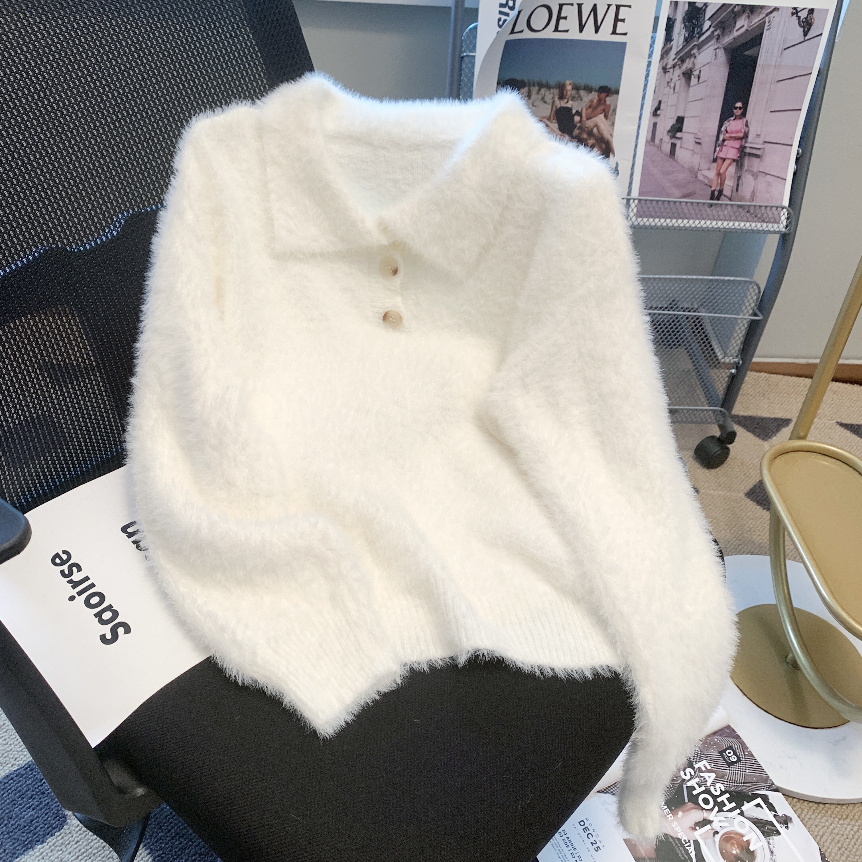 水貂绒POLO领毛衣女秋冬设计感小众软糯宽松外穿高腰短款内搭上衣