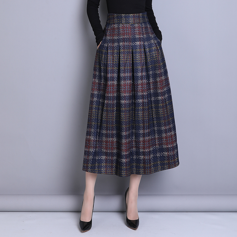 复古格子半身裙女2025新款秋冬毛呢a字百褶裙高腰遮肚子大摆长裙
