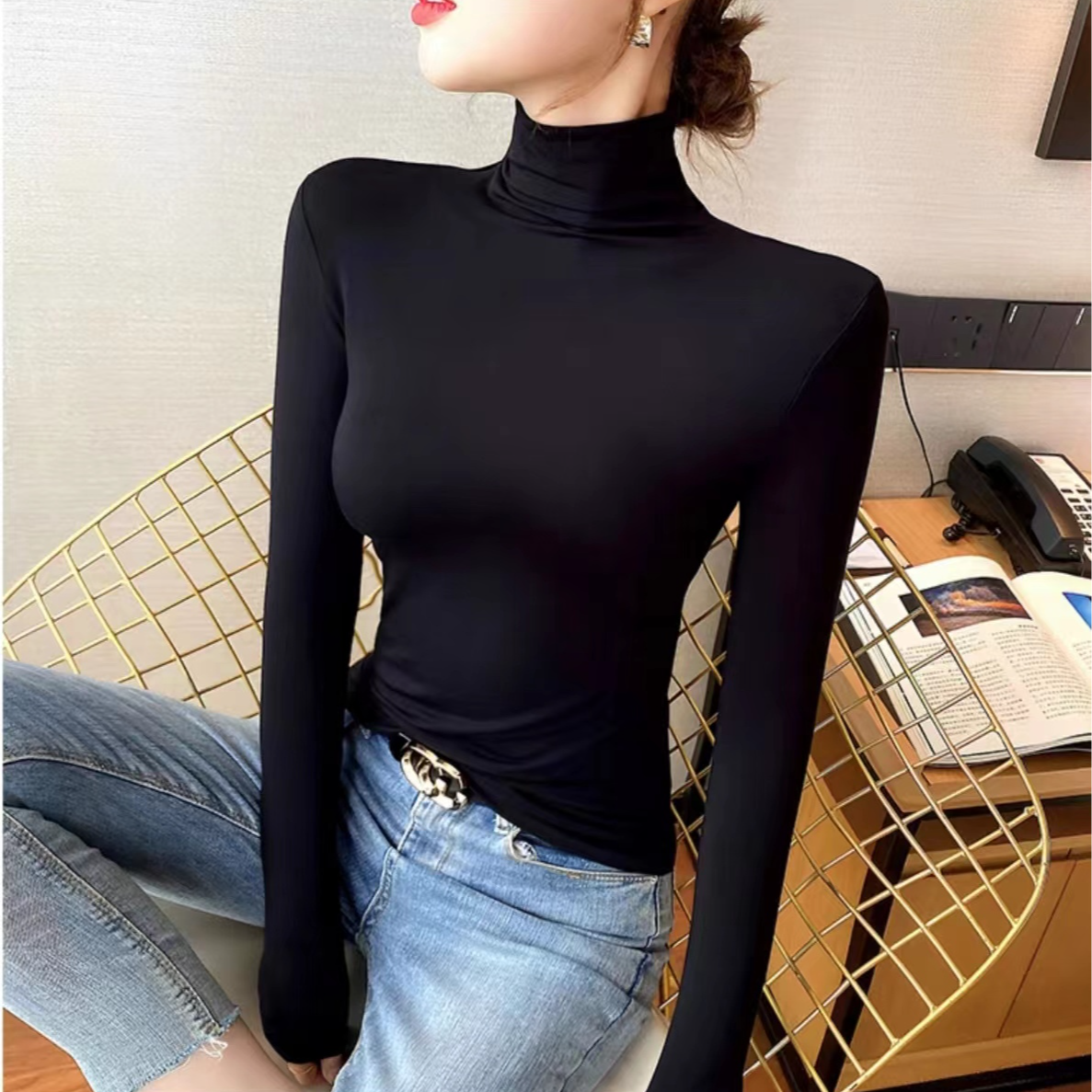 百搭显瘦纯色半高领打底衫女上衣内搭修身黑色长袖女t恤秋冬T2115