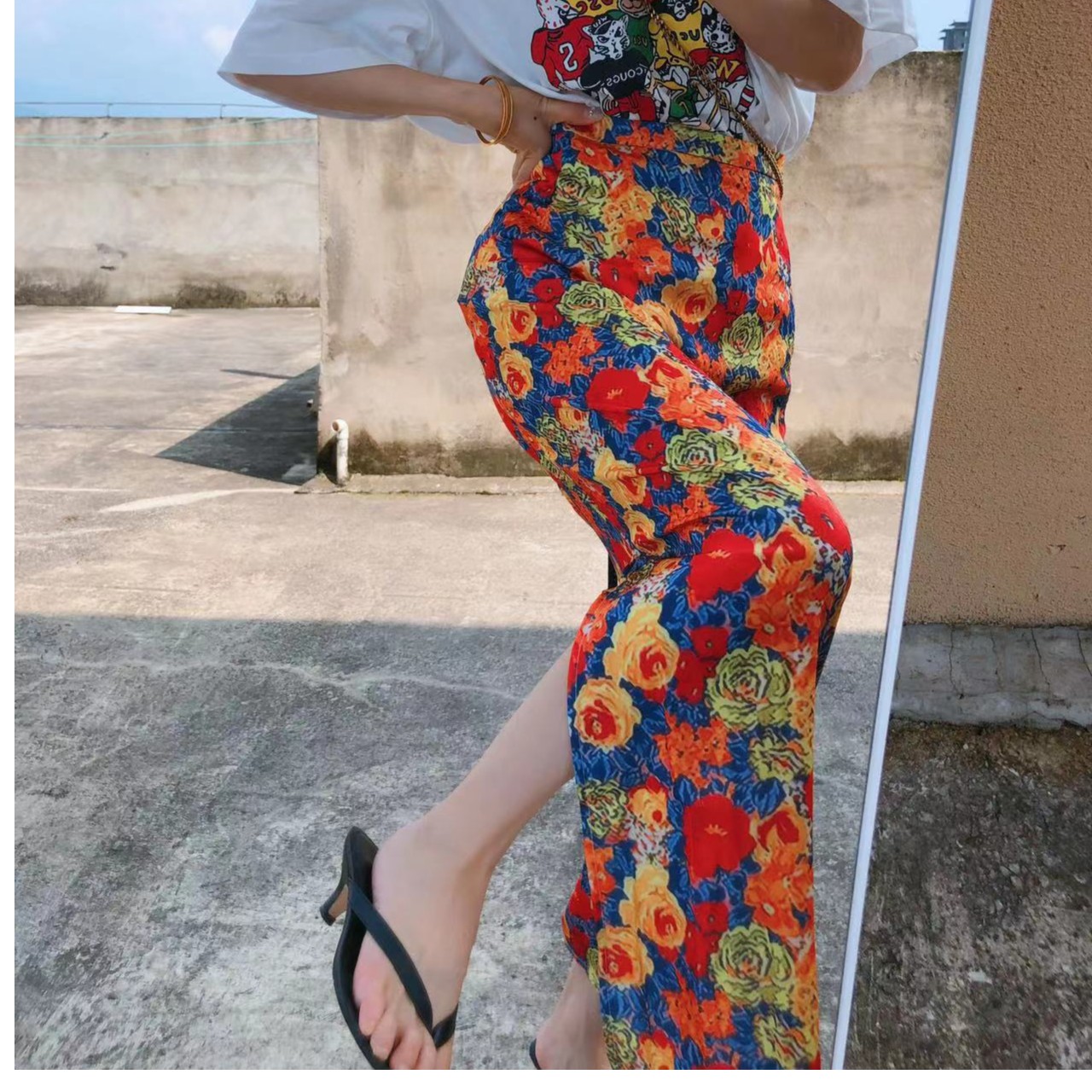 婷姐同款气质夏季纯御气质高腰碎花开叉半身裙00996