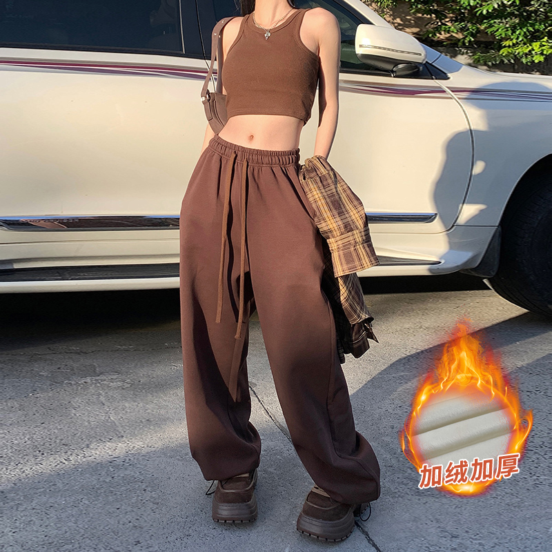 美拉德咖色休闲运动裤女秋冬抽绳松紧腰加绒加厚卫裤慵懒感拖地裤