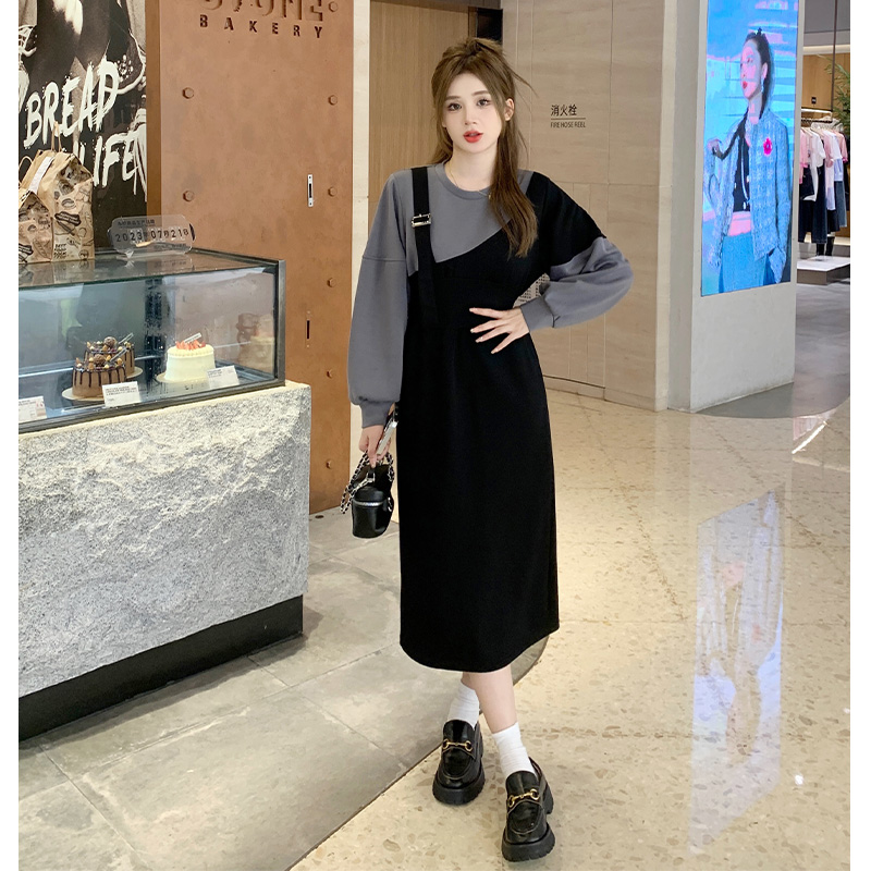 大码女秋冬新款胖mm梨形身材收腰显瘦高级感气质假两件卫衣连衣裙