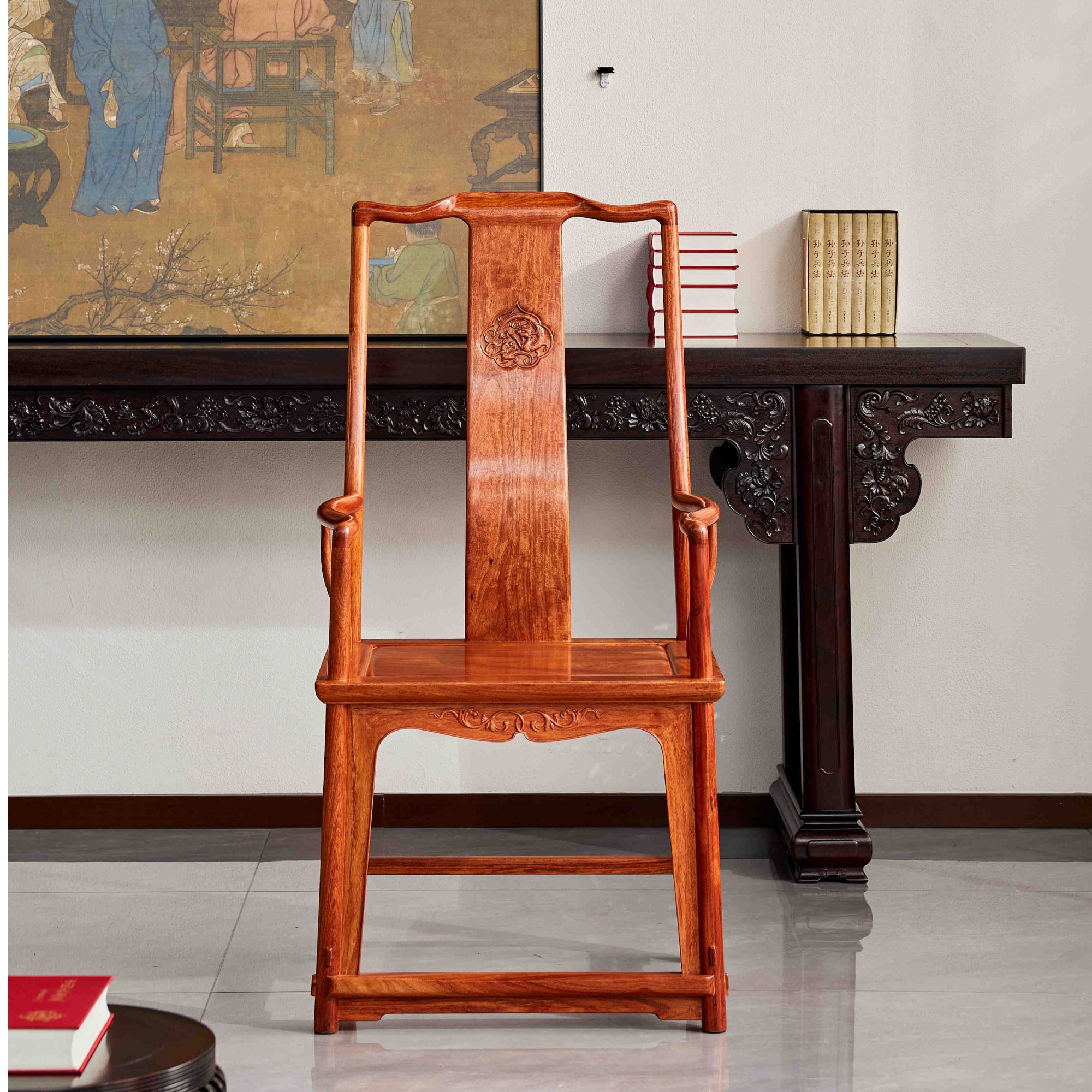 缅花螭龙纹高靠背南官帽椅【喜器红木】190