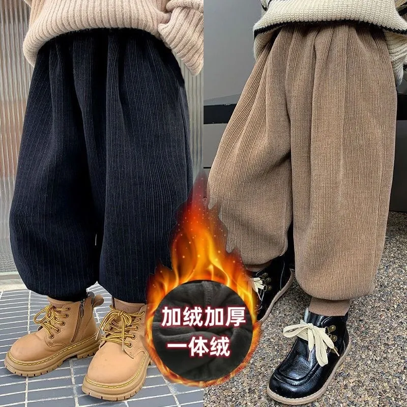 儿童裤子秋冬款2023新款宽松一体绒灯芯绒束脚裤宝宝加厚灯笼裤潮