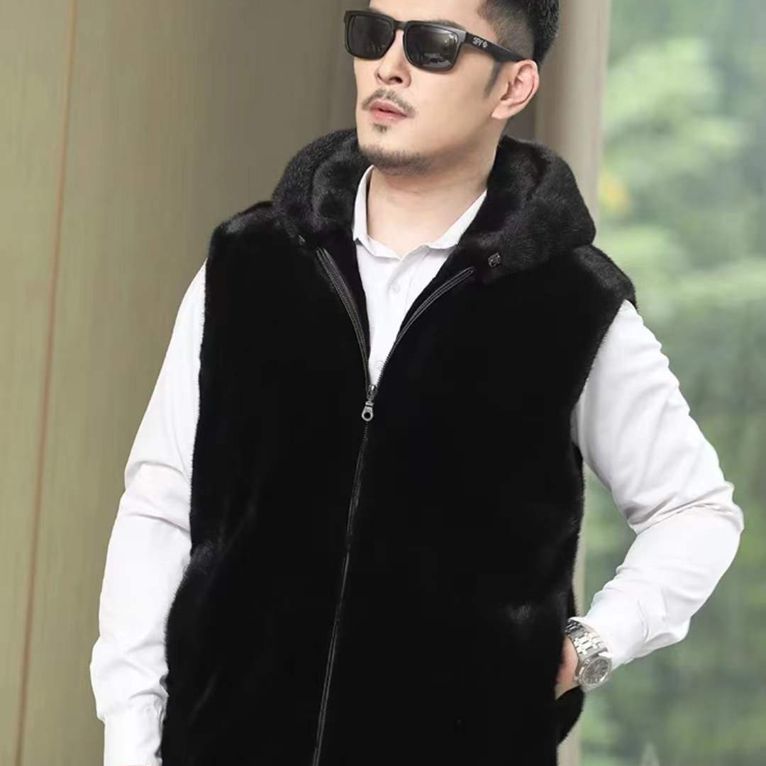 2024春季正品男士马甲帽子仿貂外套
