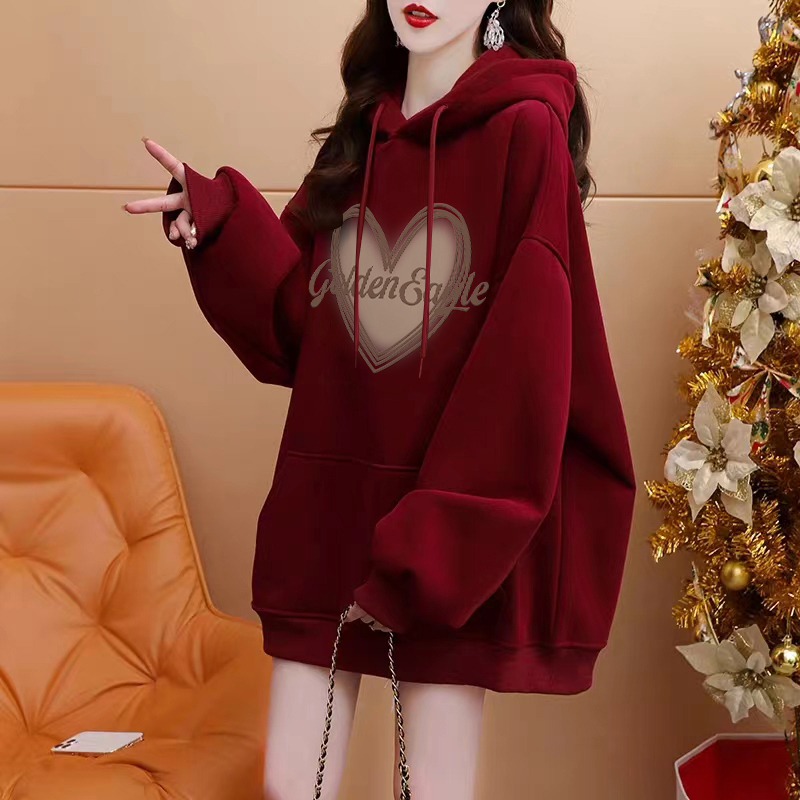 酒红色纯棉连帽卫衣女春秋冬2025新款韩版宽松小众设计感加绒外套