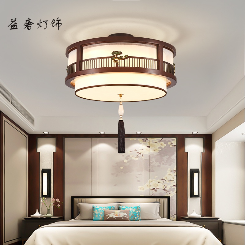 新中式橡木卧室灯 中国风仿古木艺吊灯led三色变光餐厅茶室过道灯