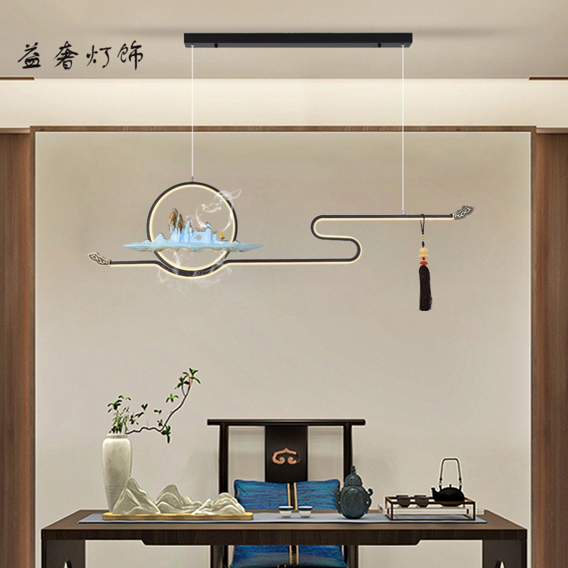 新中式LED餐厅吊灯长方形中国风客厅禅意简约吧台书房山水茶室灯