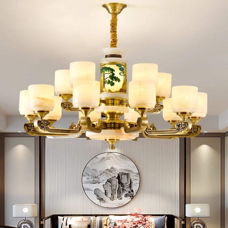 新中式全铜玉石吊灯高档豪华客厅主灯别墅酒店大厅大气中国风灯具